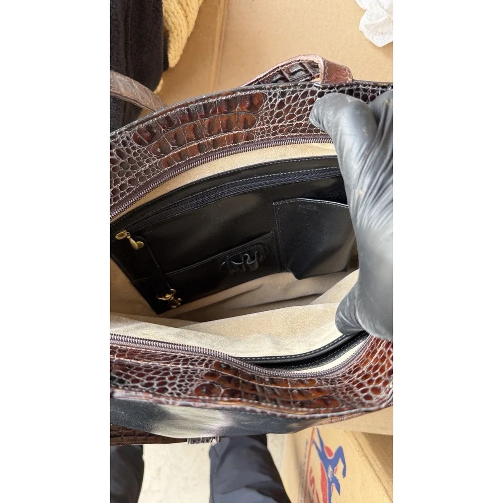 Brahmin Black‎ Brown Leather Tote Bag Croc Embossed Shoulder Purse